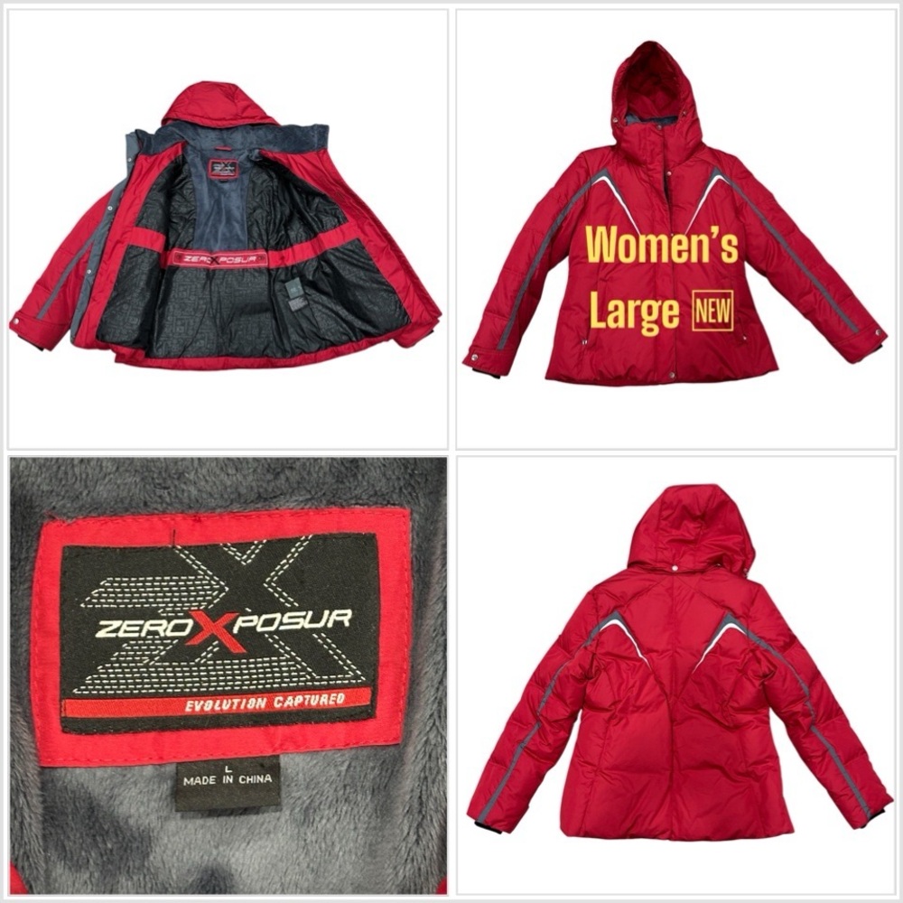 ZeroXPosur Large Quilted Ski Jacket Coat Red Down Pockets Removable Hood NWOT